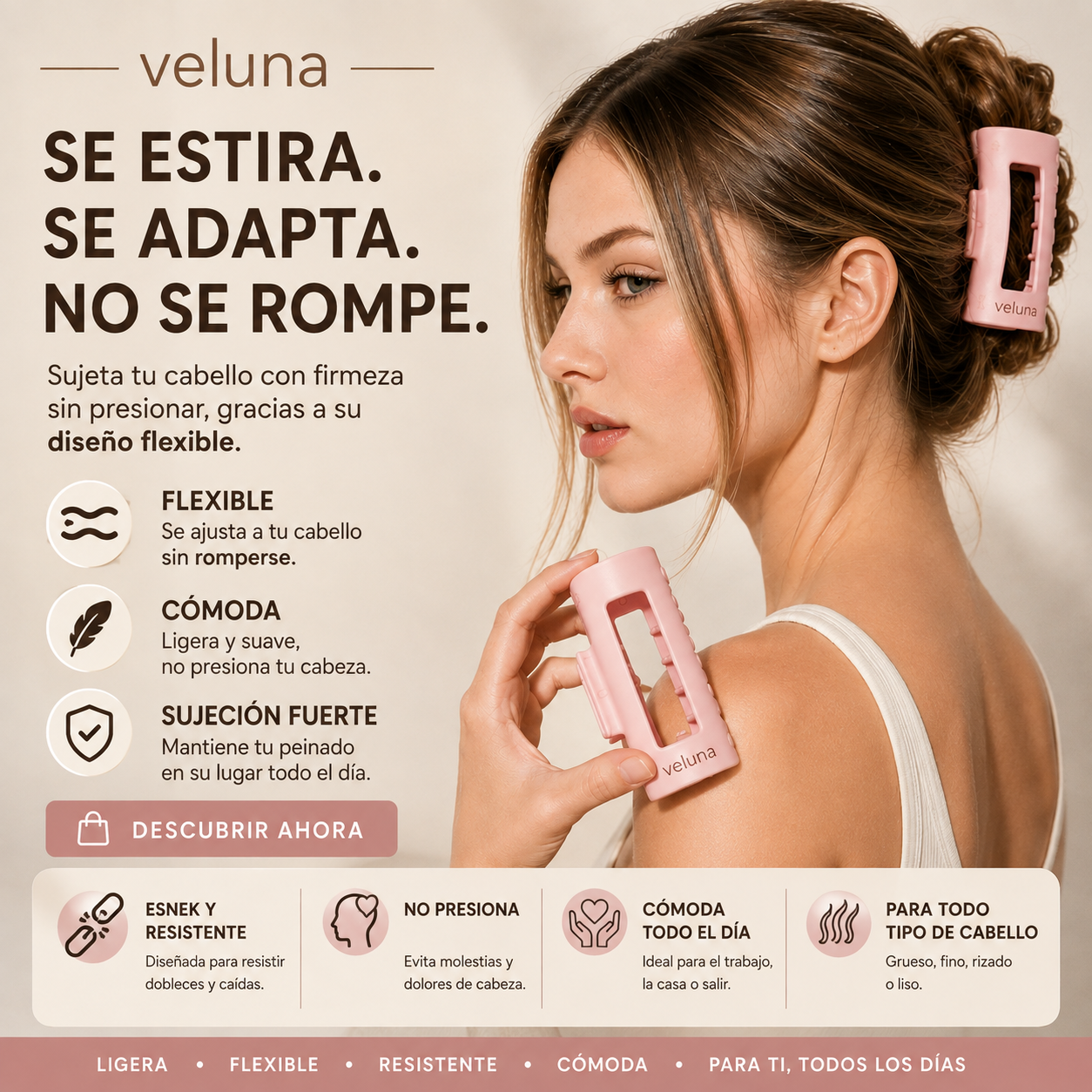 VELUNA Flex™ – Pinza Flexible para el Cabello